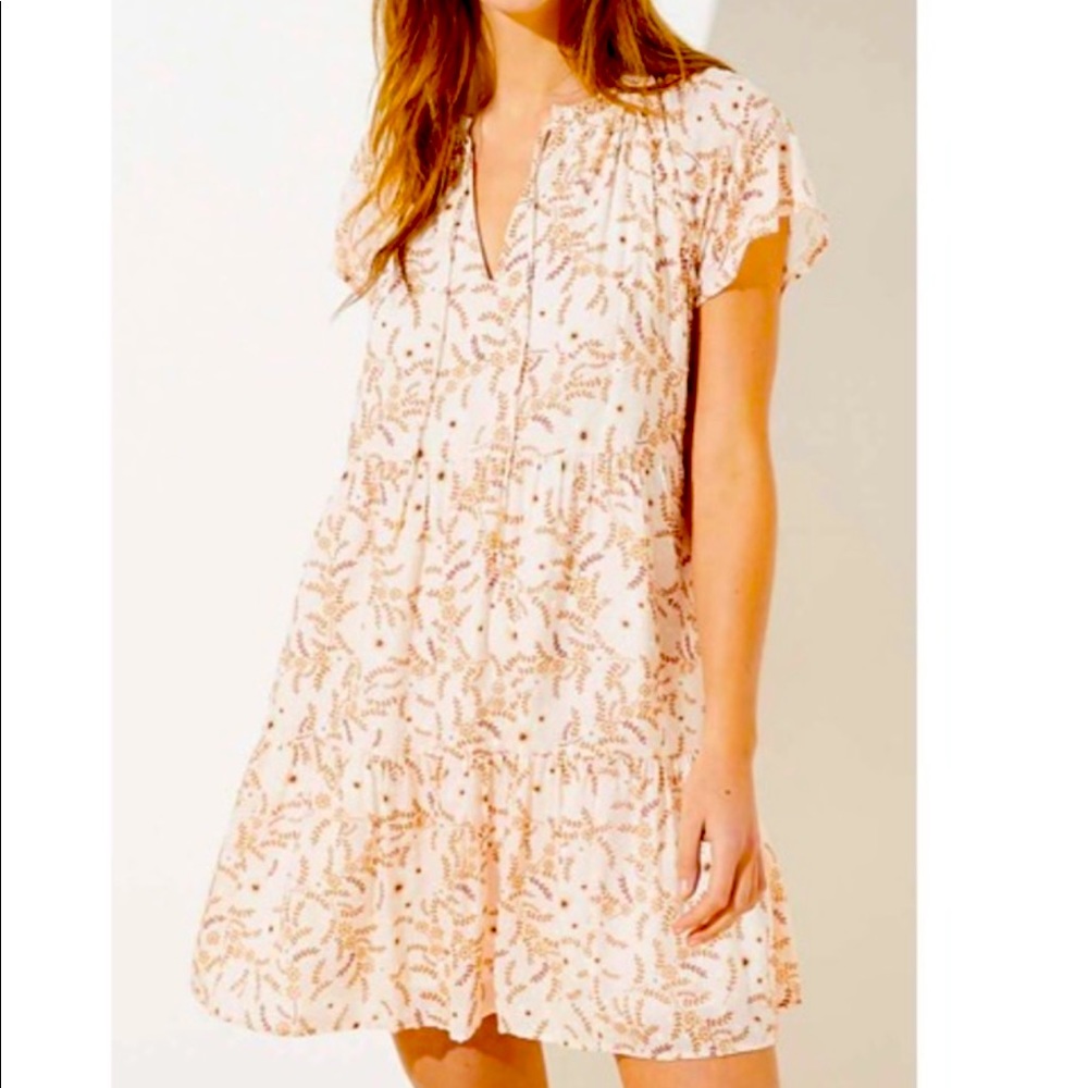 LOFT Pink and Tan Floral Tiered Dress